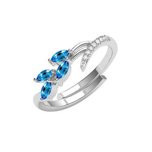 CLARA Men's Romantic 925 Sterling <b>Silver</b> Tonje Curved Blue Leaf <b>Ring</b> Size <b>Adjustable</b> with Marquise Cut Topaz and Zircon Stone - Product Image 1