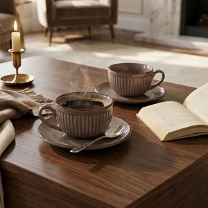 ชุดถ้วยชาและจานรองลายวนอ่อนโยน ดีไซน์ทันสมัย ทำจากเซรามิกเนื้อละเอียด บรรจุ 2 ชิ้น สามารถปรับแต่งโลโก้ได้ เหมาะสำหรับชาและกาแฟ ใช้เป็นของขวัญได้อย่างดี - Product Image 4