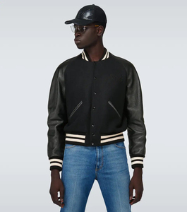 Veste universitaire personnalisée, corps en laine noire, manches en cuir, col côtelé rayé, poignets et ourlet, fermeture à boutons pression, unisexe, veste de style lettreman - Product Image 3