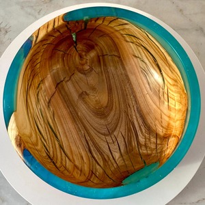 Artisan Wooden Bowl with Blue Resin Accent Stylish Handcrafted Centerpiece for Office Desk or Home Interiors From India - Product Image 2