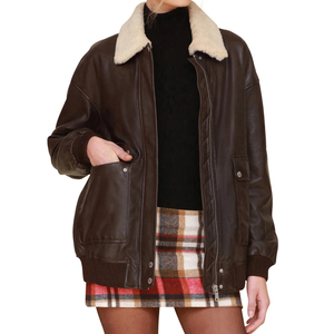 Custom Logo <b>Women</b> <b>Vintage</b> Brown Real Sheepskin <b>Leather</b> Flight <b>Jacket</b> Faux Fur Collar Outerwear - Product Image 5