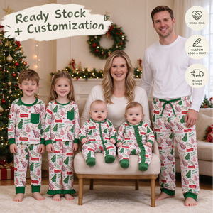 Pyjamas de Noël pour toute la famille, vêtements pour enfants, vêtements pour bébés, manches longues, motifs sapin de Noël et gâteau, OEM/ODM/RTS - Product Image 1