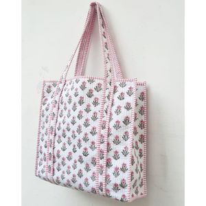 Lightweight Eco-Friendly <b>Quilted</b> Cotton Tote <b>Bag</b> for Women Hand Printed Zipper Closure Boho Chic Style for Travel & Daily Use - Product Image 4