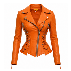 Veste moto en cuir véritable Orange pour femme, manches longues, fermeture éclair, style corset à lacets, vêtements d'automne et d'hiver - Product Image 1