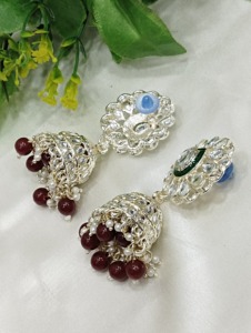 Trending Fancy Collection Rose Silver-Plated Kundan Bridal Choker <b>Necklace</b> <b>Set</b> with Green Enamel & <b>Pearl</b> Drop Jhumka Earrings - Product Image 5