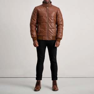 Lucas Brown Premium Leather Puffer Bomber <b>Jacket</b> Fashionable Streetwear <b>Hooded</b> <b>Fur</b> Trim Woven Canvas Long Breathable Winter Wear - Product Image 3