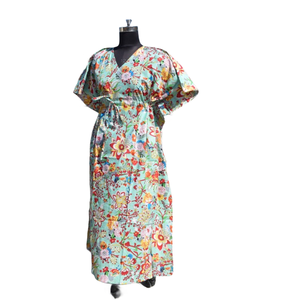 Kaftan Algodón Mujeres Handblock Floral Impreso Robe Sleepwear Maxi Dress - Product Image 4