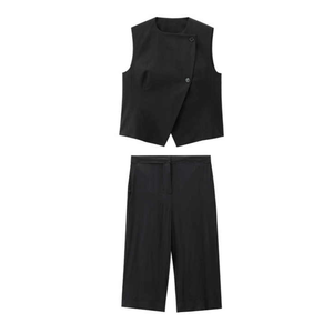 Pantalones Cortos de Mujer de Cintura Alta, Corte Holgado, Color Sólido, Tejidos, Cintura Elástica, Estilo Minimalista, Estilo Pantalón Regular, Negro - Product Image 6