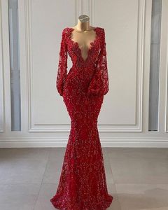 Elegante vestido maxi de sirena para mujer con cuentas de manga larga con bordado largo hasta el suelo cenas de noche en color rojo - Product Image 3