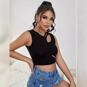 Camiseta sin mangas de ganchillo Sexy de verano para mujer, cuello hueco, diseño sin mangas, chaleco de calle estampado, Top corto de punto, logotipo frontal, venta al por mayor - Product Image 3