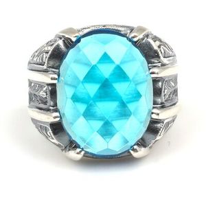 <b>925</b> Sterling <b>Silver</b> Dainty Men's <b>Ring</b> with Faceted Aquamarine Stone Oval Cut Bezel Setting Handcrafted Everyday Wear Jewelry - Product Image 5