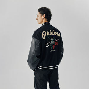 Veste d'hiver en laine pour homme, style varsity, col montant, broderies en chenille, manches en cuir, streetwear, lettres brodées - Product Image 2