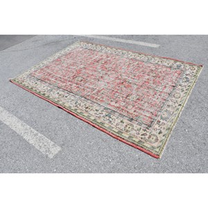 Tapis Turc Vintage 5.8X8.5 pieds Rouge Beige Laine Tapis Fait Main Patchwork Rayé Rectangulaire 10mm Latex pour Salon Couloir - Product Image 3