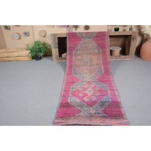 Alfombra Kilim turca Vintage de 2,8x11 pies, rosa, naranja, lana hecha a mano, respaldo de látex, patrón abstracto Rectangular para pasillo de dormitorio - Product Image 5