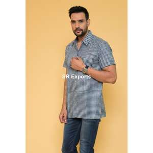 Camisa bohemia de algodón para hombre hecha a mano de manga corta con estampado de bloque indio, ropa informal ligera con cuello abotonado - Product Image 4