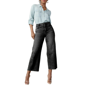 Jeans décontractés pour femmes de qualité supérieure pantalons jambe large taille haute Style droit Denim lavé pour le printemps plat Design élégant BD - Product Image 6