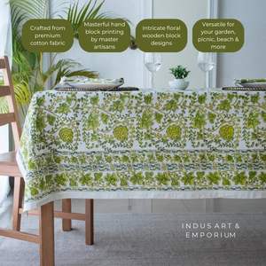 Nappe de table en coton fait à la main indienne verte belle couverture de table en coton imprimé bloc à la main pour nappe de mariage à vendre - Product Image 3