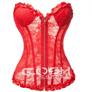 COSH CORSET 오버바스트 스틸 본 허리 훈련 레드 레이스 네트 코르셋 내장 브래지어 섹시한 여성 신부 란제리 코르셋 공급 업체