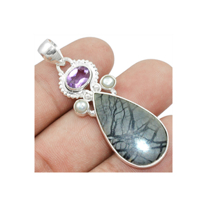 925 Sterling Silver Ethnic Handmade Pendant with Piccaso Jasper Natural Abstract Patterns Earthy Tones Unisex Women's Jewelry - Product Image 1
