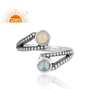 แหวนพลอยโอปอลปรับได้สีเงินธรรมชาติสีฟ้าบุษราคัมและโอปอลเอธิโอเปียน - Product Image 4