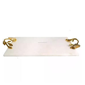 Plateau de service en marbre décoratif en pierre naturelle, Rectangle en marbre blanc, plateau en marbre pour bijoux avec poignées en feuilles dorées - Product Image 1