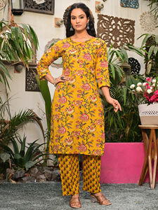 Salwar Kameez en coton imprimé floral jaune moutarde pour femmes, manches 3/4, style vintage, tenue ethnique décontractée pour les fêtes d'été, coupe régulière, mariage - Product Image 2