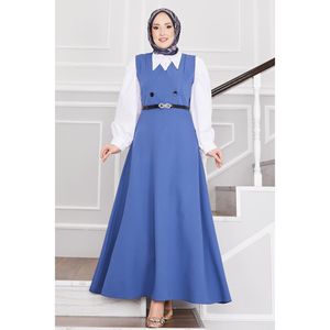 Hijab ceinturé à boutons indigo longue longueur - Product Image 1