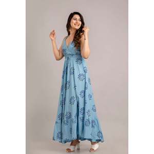 Robe longue évasée sans manches à imprimé floral bleu turquoise - SHKUP1366 Taille élastique XS Respirante pour les journées d'été à la plage - Product Image 4