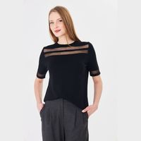 Blusa de manga corta con cuello redondo y patchwork de malla para mujer