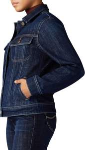 Chaqueta vaquera desgastada con detalle de solapa de retazos de bloque de color azul oscuro para mujer al por mayor hecha en Pakistán - Product Image 2