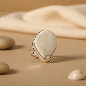 Art Palace 925 <b>Silver</b> Cocktail Ring with Shell Inlay Bezel Setting Geometric Shape Romantic Bohemian Style Unisex Everyday Wear - Product Image 3