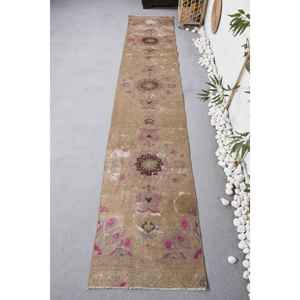 Alfombra clásica de lana Vintage Beige Pink Patchwork diseño hecho a mano 2,1X10,8 pies rectángulo para sala de estar respaldo de látex pila de felpa - Product Image 1