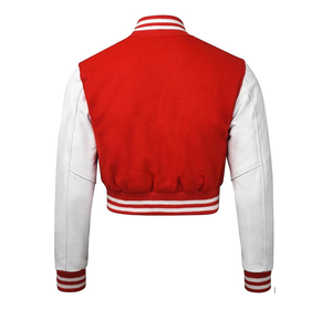 Chaqueta universitaria recortada para mujer, Mangas de cuero de primera calidad y cuerpo de lana, chaqueta de béisbol con letras para mujer, manga larga OEM - Product Image 6