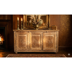 Hand-Carved Midcentury <b>Rustic</b> Sideboard <b>Cabinet</b> MDF Wood for Dining Room or Home Bar - Product Image 2