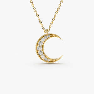 Collier en or 14 carats avec diamant de laboratoire en forme de croissant de lune, 0,12 carats total, couleur G, clarté SI, motif Ciel Nocturne Céleste Sous les Étoiles - Product Image 3