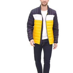 Men's Lightweight <b>Puffer</b> <b>Jacket</b> trendy color-block in navy and bright <b>yellow</b> waterproof warm quilted coat for winter wear - Product Image 5