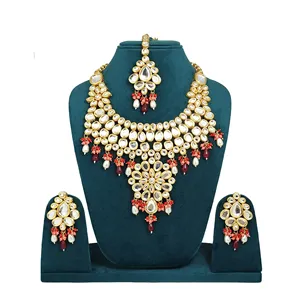 Ensemble de collier de mariée en Kundan plaqué or blanc et bordeaux, bijoux fins en cuivre pour femmes et filles pour mariage - Product Image 1