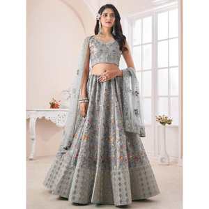 Attractive Grey Silk <b>Floral</b> Embroidered Reception Wear Lehenga Choli Elegant Prom <b>Dresses</b> - Product Image 2