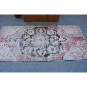 3.3x7.2 ft Rug, Vintage Turkish Rug, <b>Red</b> Gray Bordered <b>Wool</b> Rug - Product Image 3