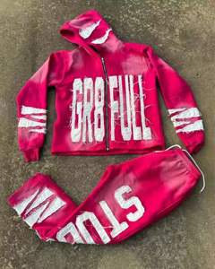 Marque personnalisée lavage à l'acide fermeture éclair survêtement évasé survêtement court avec impression bouffante pantalon de survêtement à capuche lourd Streetwear - Product Image 1
