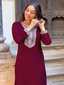 ผ้าไหม Vichitra ผ้าคอกลมผ้ายาวผ้า kurti & plazzo พร้อมชุด Dupatta ดีไซน์สีน้ำตาลแดงน้ำหนักเบาที่สวยที่สุด - Product Image 3