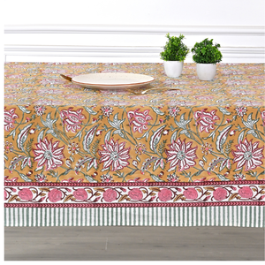 Biscotti <b>Yellow</b> Handmade Indian Floral Block Printed Cotton <b>Tablecloth</b> Modern Style Cover for Farmhouse Wedding Events - Product Image 4