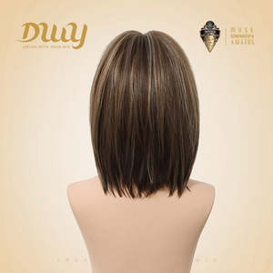 Jean Plus -DWY Glueless Synthetic <b>Wig</b> Gen 2 Large Realistic Scalp <b>Short</b> Straight Brown with Blonde Highlights Bangs - Product Image 4