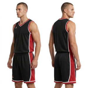 Ensemble d'uniformes de basketball unisexe noir, rouge et blanc, maillot sans manches à col en V, short respirant en polyester, imprimé par transfert thermique, pour adultes - Product Image 6