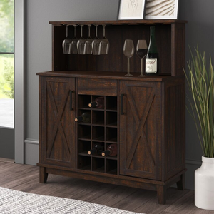 Meuble de bar en bois foncé de style secrétaire traditionnel avec dessus de service rabattable, disponible au prix de gros. - Product Image 6