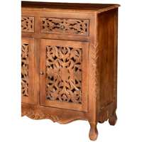 Buffet en teck massif artisanal de style mid-century avec 3 tiroirs et portes sculptées, design antique pour hôtel, maison, salon, cuisine