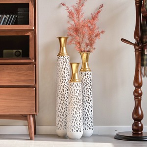 Premium <b>White</b> Cutwork Decorative Tall <b>Vase</b> With <b>Gold</b> Finished Mouth Area Perfect For Hospitality <b>And</b> Home Interiors From India - Product Image 1