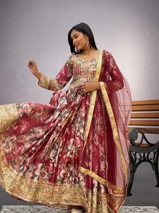 Alta calidad Goldan Lace Border Fancy Floral Impreso Tamaño largo Color brillante Patrón de manga completa Vestido anarkali con conjunto Dupatta - Product Image 4