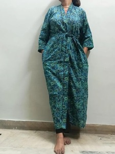 Main indienne bloc coton longue tenue robe de bain kimono femme et homme élégant plage couvrir kimono imprimé floral kimono imprimé sur - Product Image 5