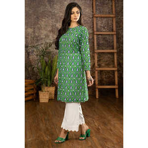 Chemisier en soie tricotée imprimée verte Khaddar, taille unique, pour femme, avec boutons, motif floral vintage, long, idéal pour le bureau, printemps-automne - Product Image 4